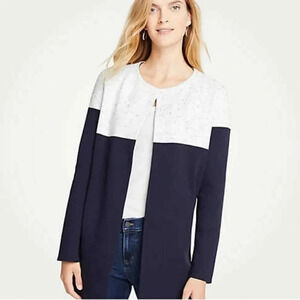 Ann Taylor Navy White Speckle Colorblock Coatigan Open Front Knit Cardigan Small